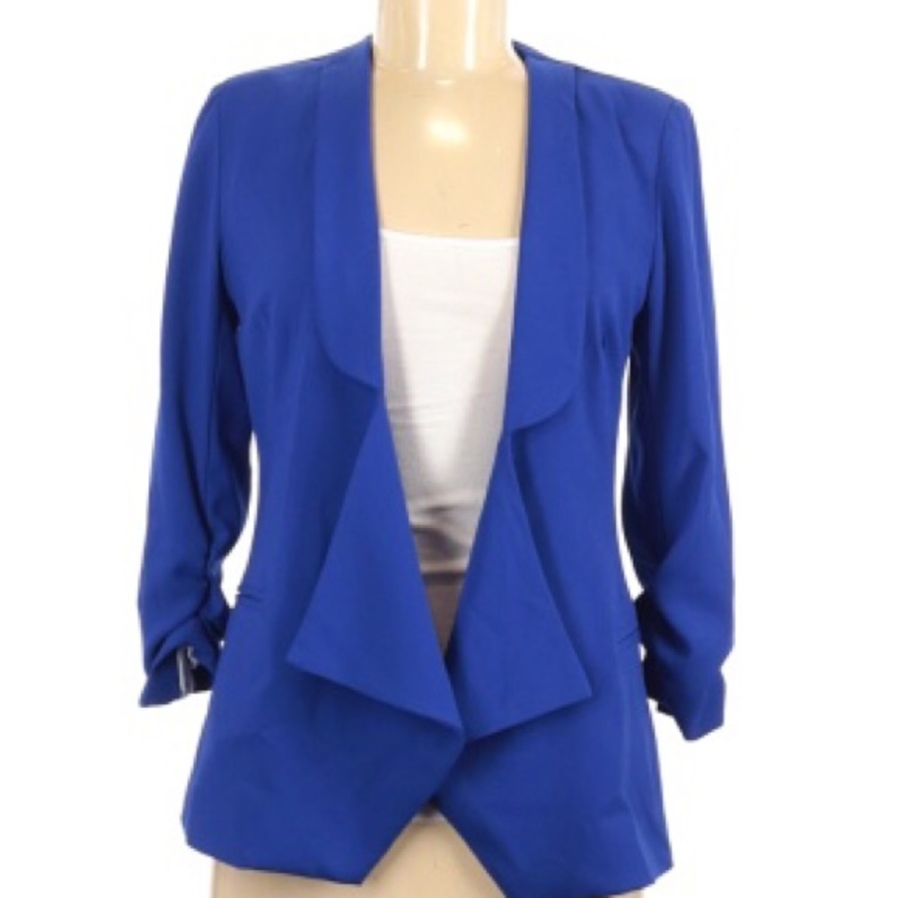 Blue Open Blazer with ruched sleeve detail